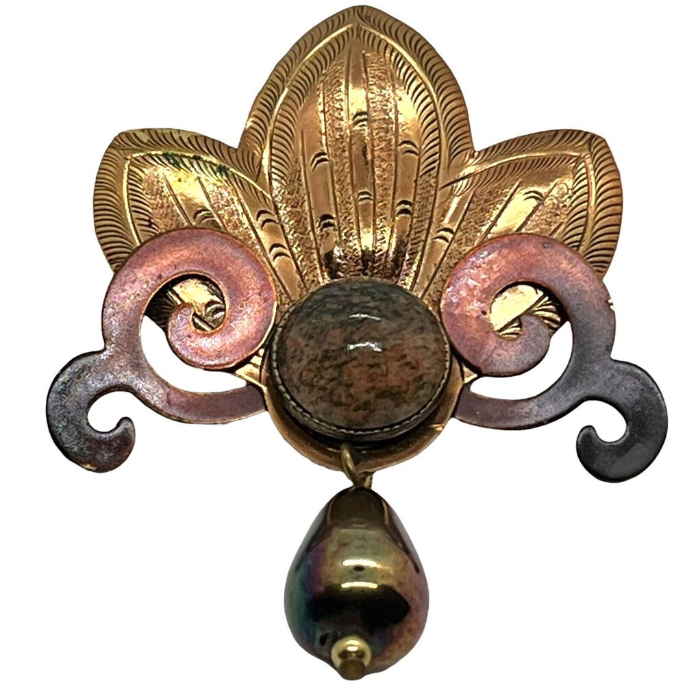 Brooch Pin Vintage 80s Copper Tone And Mixed Metal Flower Shaped Fashion Jewelry